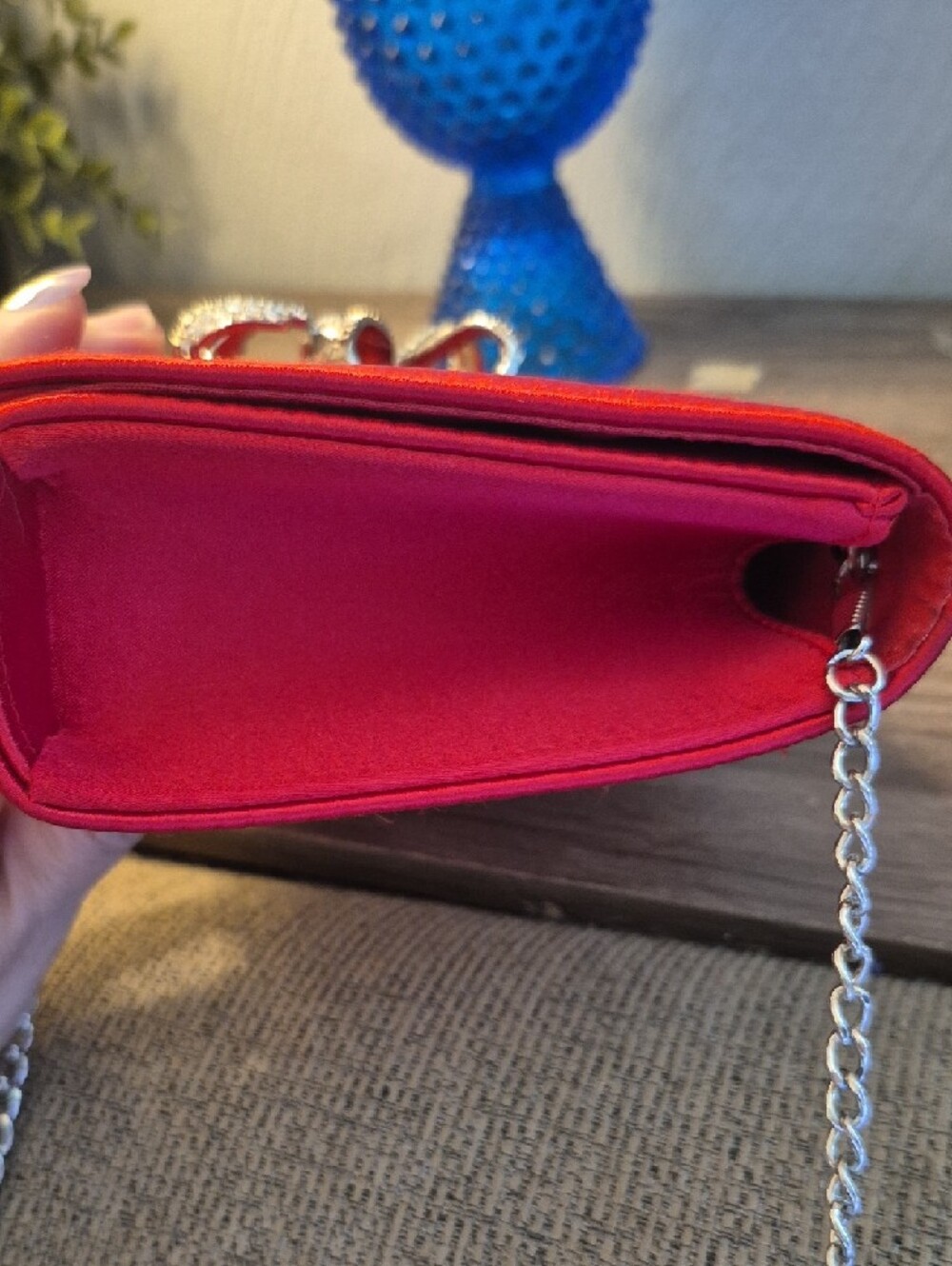 Red Satin Evening Clutch with Crystal Rhinestone Bow Accent - Picture 9 of 10